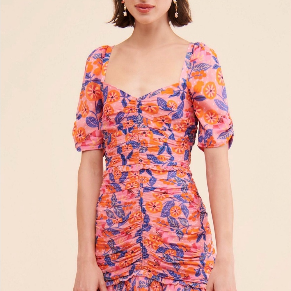 SAYLOR Pink and Orange Floral Ruched Square-Neck Mini Dress